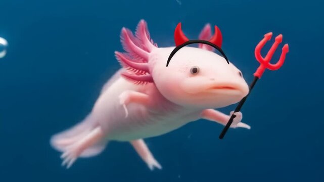 Cute Axolotyl Devil in Blue Water - An axolotl wearing devil horns and holding a small trident swims in clear blue water. The axolotl is light pink and the background is a deep, vibrant blue.