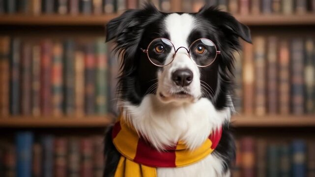 Smart Border Collie Dog in Glasses and Scarf in Library - A border collie dog wearing round glasses and a red and gold scarf sits in front of a bookshelf filled with many books.