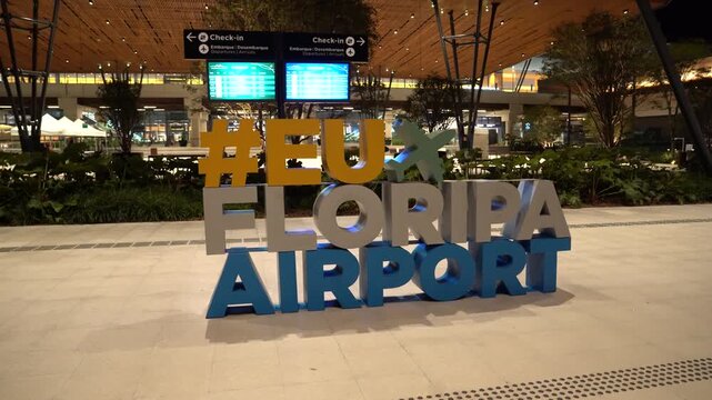 Florianopolis, Santa Catarina, Brazil - 05282025 - Sign at the entrance to Florianopolis airport