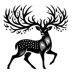 Stylized Black Deer with Ornate Antlers and Spotted Body