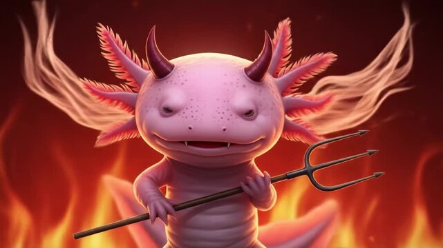Cute Axolotyl Devil with Trident in Hellfire - An adorable pink axolotl with devil horns holds a trident in front of a fiery hellish background.