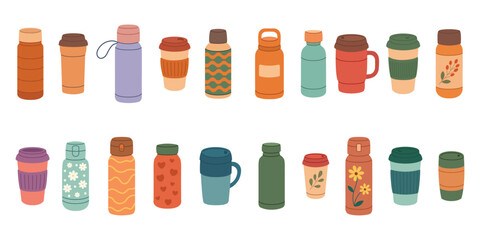 Set of travel thermos mugs. Thermoses, reusable cups, cups for hot drinks. Travel camping equipment. Vector illustration in flat style