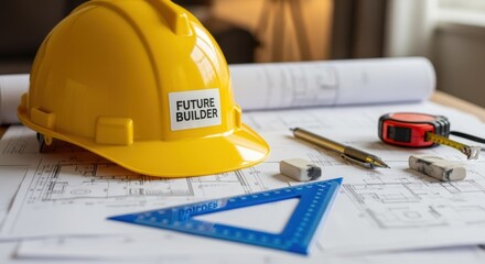 Kids construction helmet alongside home renovation plans and drawing tools.