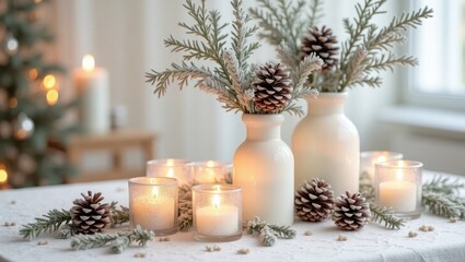 Cozy Candlelight Decoration with Pinecones and Winter Greens