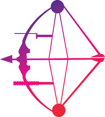 Arrow, bow with geometric symbols frames. Sacred mystic signs drawn in lines.