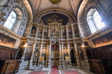 Novi Sad, Serbia - July 20, 2025: Interior of Orthodox Cathedral Church of the Holy Great-Martyr George (Serbian: Saborni hram Svetog velikomučenika Georgija). 