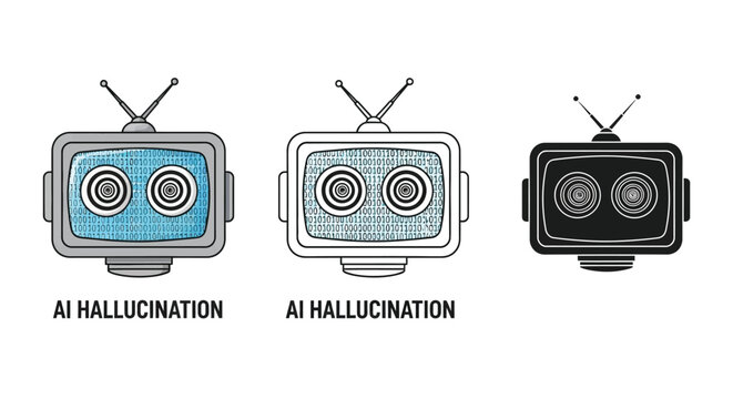 Ai hallucination concept with robot head and binary code for machine learning and neural network errors editable