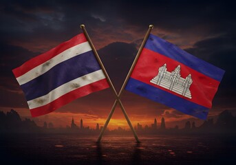 Thailand and Cambodia Flags Crossed, Southeast Asia, Symbol of Friendship, National Flags, Politics.