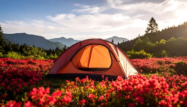 Orange tent nestled in a vibrant rhododendron field at sunset - Powered by Adobe