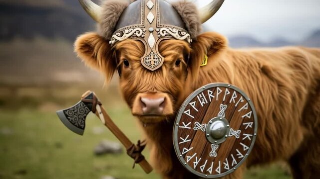 Highland Cow in Viking Helmet with Axe and Shield - A fluffy Highland cow stands in a green field, wearing a Viking helmet, holding a small axe, and with a shield on its side.