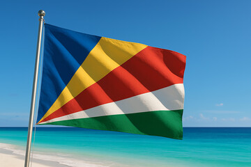 Seychelles silk flag waving proudly against the backdrop of a beautiful blue ocean on sunny day. Seychelles flag - the national symbol of Seychelles, Seychelles flag at sunrise