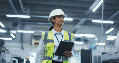 Portrait of a Latin Female Worker in a White Hard Hat Walking Through a Modern, Well-lit Factory, Inspecting Advanced Industrial Machinery, Checking Equipment, Overviewing Production