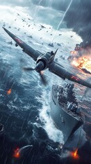 Naval battle scene in a stormy ocean.