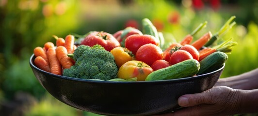 The bowl of fresh organic vegetables harvested from the garden.