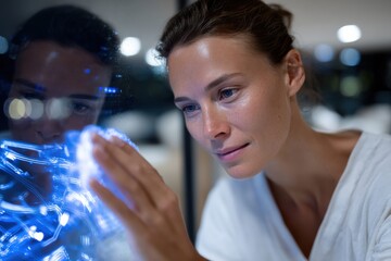 A woman touches a luminous digital interface, signifying the connection between humanity and advanced technology in a futuristic setting that inspires curiosity and wonder.