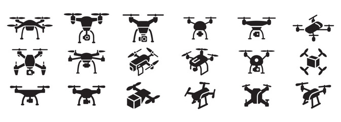 Naklejka premium Black Vector Drone and UAV Icons Featuring Various Structural Designs for Technology and Aerial Photography