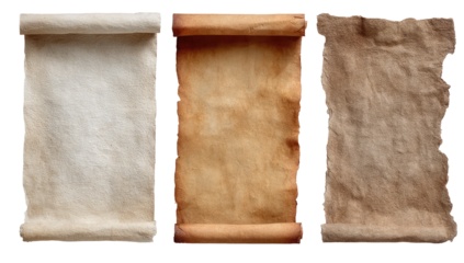Three antique scrolls of varying shades of parchment