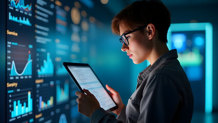 Engineer managing cloud data on a futuristic tablet