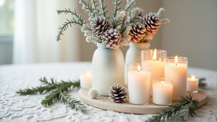 Cozy Candlelight Decoration with Pinecones and Winter Greens