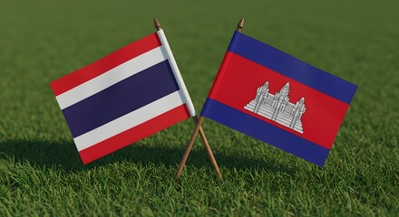 Thailand and Cambodia Flags on Green Grass - National Symbols, Friendship Concept, Cooperation