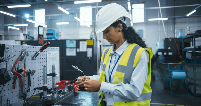 Hispanic Female Working at a Manufacturing Facility. Industrial Technician Standing at a Workbench, Accessing Metal Component Quality Control on an Electronic Precision Measuring Device