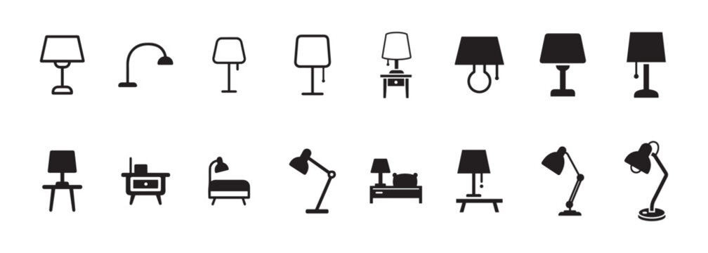 Lamp Icon Set Featuring Table, Bedside, and Desk Lamps in Solid and Outline Styles
