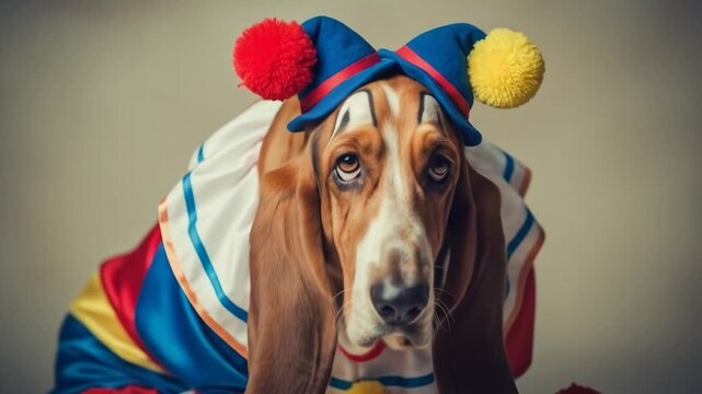 Basset Hound in Jester Costume - A Basset Hound dog sits wearing a colorful jester costume, complete with hat and pom-poms. The dog appears slightly sad or pensive.