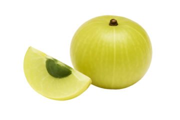 Whole and sliced amla fruit isolated on transparent background