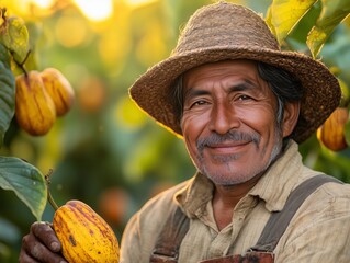 Portrait of a happy mature farmer standing among cacao trees, holding a ripe cocoa pod. Dressed in a straw hat and rustic clothing, he smiles warmly, surrounded by golden light of sunset and lush foli
