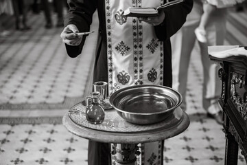 Novi Sad, Serbia - July 20, 2025: Accessories of a priest for Christian baptism. 