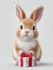 Obraz premium Charming bunny holding a present with a red bow on a simple white backdrop