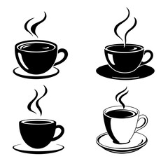 Hot coffee cups set, steaming coffee icons, black coffee silhouette, espresso mug vector, cafe drink symbols	