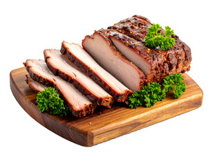 brisket on a wooden cutting board isolated on a transparent background