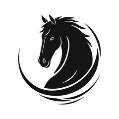 Horse logo template. Black and white silhouette of a horse head with a graceful mane. Elegant minimalist logo for branding, design and printing