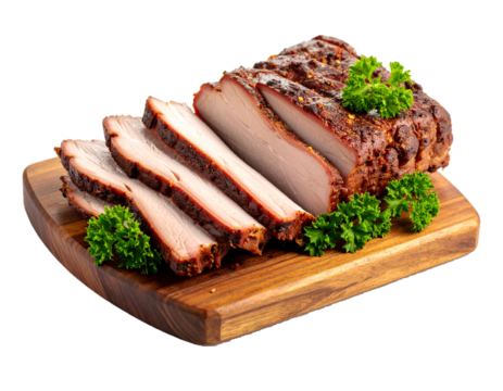 brisket on a wooden cutting board isolated on a transparent background