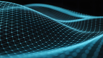 Abstract glowing blue digital network grid forming a flowing wave pattern on a dark background