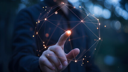 Close up of a person s finger touching a glowing digital network of connections and lights