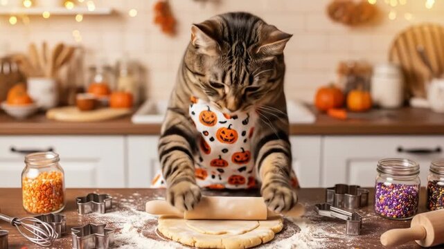Tabby Cat Baking Halloween Cookies - A cute tabby cat wearing a Halloween-themed apron uses a rolling pin to roll out cookie dough on a kitchen counter.