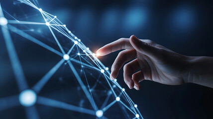 Close up of a human hand touching a glowing digital network of interconnected nodes and lines on a dark background