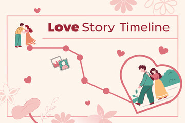 Illustration of a couple's love story timeline with hearts, flowers, and romantic scenes depicted in pink tones
