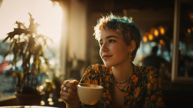 Non-binary person relaxing at a caf&eacute;.
