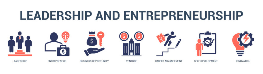 Leadership and Entrepreneurship Modern and clean web banner illustration featuring thematic icons for visual communication