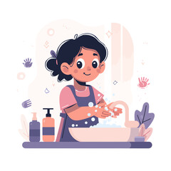 Fototapeta premium A young girl with dark hair washes her hands with soap and water in a bathroom sink, promoting hygiene.