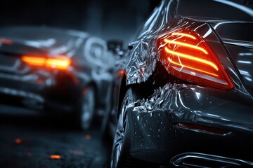 Automobile Accident Scene, Close up of a Damaged Car After a Nighttime Rear End Collision