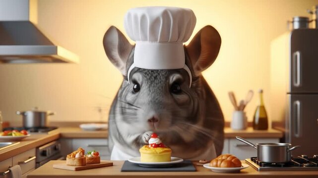 Chinchilla Chef Preparing Dessert - A cute chinchilla wearing a chef's hat sits in a miniature kitchen, attentively preparing a small, delicious-looking dessert.