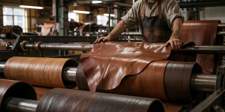 Tannery worker processing leather on an industrial roller machine