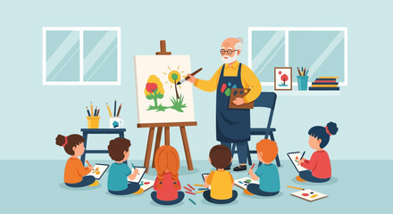 Celebrating national senior citizens day with an elderly teacher guiding young students in a creative painting class.