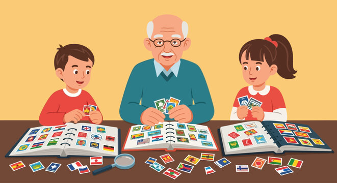 A grandfather shares his stamp collection hobby with his grandson and granddaughter, looking at stamps in albums.