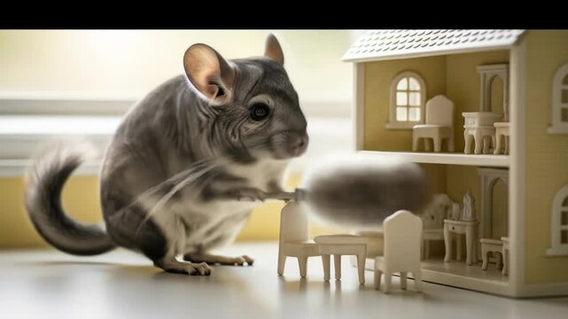 Chinchilla Exploring Dollhouse - A fluffy grey chinchilla curiously investigates a miniature dollhouse, its large ears perked up as it interacts with the tiny furniture.