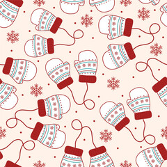 Festive seamless pattern of cozy winter mittens with red snowflakes and soft beige background. Ideal for Christmas textiles and packaging.